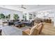 Open-plan living area with plush gray sofa, leather armchairs, and sunlit views of the backyard at 3010 E Fruitvale Ave, Gilbert, AZ 85297