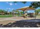 Neighborhood park playground with covered picnic tables, grassy areas, and mature trees under blue skies at 3010 E Fruitvale Ave, Gilbert, AZ 85297