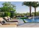 Beautiful pool area featuring lounge chairs, palm trees, and a tranquil waterfall feature at 30404 N 131St Dr, Peoria, AZ 85383