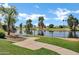 Scenic lake view framed by lush green grass, mature trees, and a paved walkway at 6368 W Firebird Dr, Glendale, AZ 85308