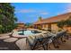 Resort-style backyard featuring a sparkling pool, lounge chairs and lush landscaping at 10931 N 129Th Way, Scottsdale, AZ 85259
