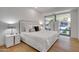 Modern bedroom featuring a white bed, hardwood floors, and bright natural light from large windows at 7117 E Rancho Vista Dr # 6007, Scottsdale, AZ 85251
