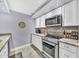 Modern kitchen featuring white cabinets, granite countertops, and stainless steel appliances at 7625 E Camelback Rd # B138, Scottsdale, AZ 85251