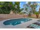 Sparkling pool featuring mature trees, a putting green, and decorative string lights on the fence at 1574 E Scott Ave, Gilbert, AZ 85234