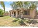 Backyard featuring a covered patio, palm tree, grass, and a block fence at 12089 N 145Th Dr, Surprise, AZ 85379