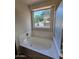 Bathtub next to a window with a view of the backyard and storage shed at 1309 E Julie Ct, San Tan Valley, AZ 85140