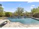 Backyard featuring a modern pool with a waterfall feature, chaise lounge, and mature landscaping at 26943 N 74Th Ave, Peoria, AZ 85383