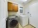 This laundry room is equipped with a washer, dryer, storage cabinet and convenient tile flooring at 8022 S 48Th Dr Dr, Laveen, AZ 85339
