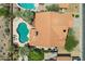 An overhead view of a home with a private backyard swimming pool, patio area, and green landscaping at 4131 E Cascalote Dr, Cave Creek, AZ 85331