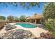 Inviting backyard pool with lounge chairs, shaded patio, lush landscaping, and mature flowering trees at 4131 E Cascalote Dr, Cave Creek, AZ 85331