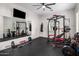 Spacious home gym featuring rubber flooring, a mirror, and a full range of weightlifting equipment at 5434 E Barwick Dr, Cave Creek, AZ 85331