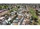 An aerial view showcases residential houses with lush green golf course in the background at 619 S Essex Ln, Mesa, AZ 85208