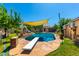 Inviting backyard pool with diving board, sun shade, and charming chicken coop, perfect for outdoor relaxation and recreation at 125 E Loma Ln, Phoenix, AZ 85020