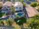 Aerial shot of a private pool and backyard oasis with desert landscaping, patio, and lush lawn at 1723 E Pontiac Dr, Phoenix, AZ 85024