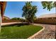 Backyard featuring artificial turf, decorative rocks, and a mature shade tree, creating a serene outdoor space at 5517 W Aster Dr, Glendale, AZ 85304