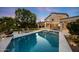 Beautiful backyard view showcasing a sparkling pool, covered patio, and meticulously maintained landscaping at 6435 E Monte Cristo Ave, Scottsdale, AZ 85254