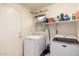 Bright laundry room equipped with washer, dryer, and storage shelves at 2963 S 83Rd St, Mesa, AZ 85212
