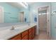 Bathroom features blue walls, wood cabinets and a wide mirror at 36645 W Bilbao St, Maricopa, AZ 85138