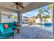 Covered patio with comfortable seating overlooking a pool, creating an ideal outdoor living space at 5941 S Cambridge St, Chandler, AZ 85249