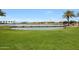 Beautiful view of the pond lined with lush green grass and a bridge to the other side at , Mesa, AZ 85201