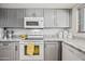 Contemporary kitchen showcasing stainless appliances, granite countertops, and modern gray cabinets at 14830 N 28Th Pl, Phoenix, AZ 85032