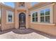 Elegant front entrance with a decorative door and well-manicured landscaping at 1771 E Alegria Rd, Queen Creek, AZ 85140