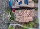 Aerial view showcasing the backyard oasis with pool, patio, fire pit and well-manicured landscaping and solar panels at 32359 N 129Th Dr, Peoria, AZ 85383