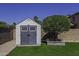 Backyard shed surrounded by green grass and landscaping at 41581 W Somerset Dr, Maricopa, AZ 85138