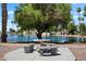 Scenic lake view with a stone table and seating area beneath a large shade tree at 427 S 80Th Way, Mesa, AZ 85208
