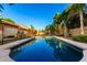 Backyard oasis featuring a sparkling in-ground pool, lawn, and lush tropical landscaping at 882 N Concord Ave, Chandler, AZ 85225