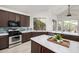 Stylish kitchen featuring dark wood cabinetry, a marble countertop island, and modern appliances at 13636 W Calavar Rd, Surprise, AZ 85379