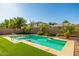 Backyard pool featuring well maintained landscaping including palm trees and lush artificial turf at 13636 W Calavar Rd, Surprise, AZ 85379