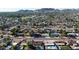 Panoramic aerial view of single-Gathering houses in a suburban area, complete with green lawns, pools, and mountain views at 3444 E Paradise Dr, Phoenix, AZ 85028