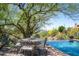 Outdoor dining set with an infinity pool, mature trees and desert plants at 41916 N 101St N Pl, Scottsdale, AZ 85262