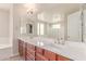 Double vanity bathroom features warm wood cabinets, large mirror, and abundant lighting at 4724 S Anitole Way, Mesa, AZ 85212
