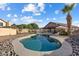 Gorgeous backyard pool featuring meticulous rock and mature landscaping at 635 S Lanus Dr, Gilbert, AZ 85296