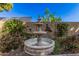 Beautifully landscaped backyard featuring a decorative water fountain and lush greenery at 10529 E Posada Ave, Mesa, AZ 85212