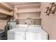 Functional laundry room with washer, dryer, water heater, and shelving for organized storage solutions at 509 N Hobson Plz, Mesa, AZ 85203