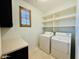 Functional laundry area with ample shelving and modern washer and dryer at 10572 E Autumn Sage Dr, Scottsdale, AZ 85255