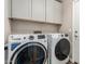 Modern laundry room featuring white cabinets, a washer, and a dryer at 12325 W Berridge Ln, Litchfield Park, AZ 85340