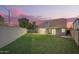 Spacious backyard with lush green grass, block fence, and the covered patio of the home at dusk at 1405 N Jamaica Way, Gilbert, AZ 85234