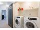 Functional laundry room features modern Samsung washer and dryer and a storage shelf at 2117 E Saltsage Dr, Phoenix, AZ 85048