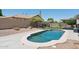 Backyard view of a sparkling private pool, mature trees, and desert landscaping at 6645 E Preston St, Mesa, AZ 85215