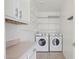 Clean laundry room with front loading washer and dryer and additional storage shelving at 6645 E Preston St, Mesa, AZ 85215