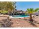 Inviting pool area, with palm trees, and backyard covered patio creating a relaxing outdoor space at 14420 N 44Th Dr, Glendale, AZ 85306