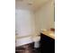 Renovated bathroom with a new vanity, granite counter and tiled shower at 30 E Brown Rd # 2113, Mesa, AZ 85201