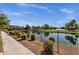 Serene view of a pond bordered by a walking path and manicured shrubs at 3131 S Mingus Dr, Chandler, AZ 85286