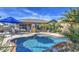 Inviting backyard pool surrounded by mature palm trees and patio furniture, perfect for outdoor living at 1078 W Desert Aster Rd, San Tan Valley, AZ 85143