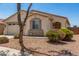Attractive front yard with desert landscaping framing a charming beige home, complete with a well-kept lawn and inviting entrance at 17649 W Buchanan St, Goodyear, AZ 85338