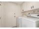 Bright laundry room featuring white appliances, upper cabinets, and a convenient exterior door at 3620 S Terrace Rd, Tempe, AZ 85282